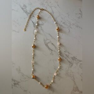 Talbots Gold-Tone Station Bead & Stone Necklace with Amber & Pearl-Tone Accents